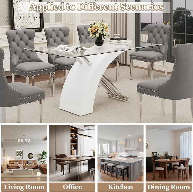 7 Piece Glass Dining Table Set for 6, 63" Modern Kitchen Table with 6 Grey Velvet Chairs, Tempered Glass Tabletop with White X-Shaped MDF Base, Modern Dining Room Set for Kitchen and Dining Room