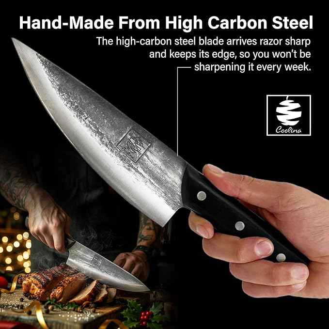 COOLINA Altomino Tungsten Steel Slicing Knife, 7.1-in Japanese Traditional Chef, Forged Hammered Kitchen Knife, Outdoor Cooking Hunting Survival Knives