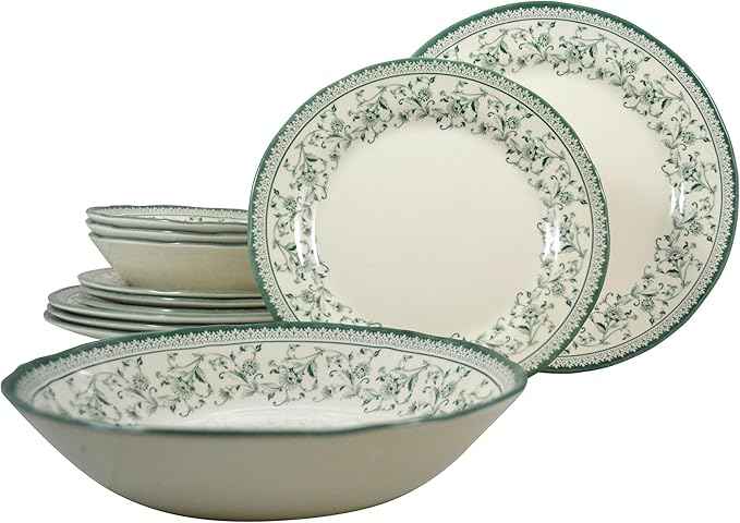 Tudor Royal 12-Piece Round Porcelain Dinnerware Set, Service for 4 - Aster Green Design, Multicolor Floral, Plates Bowls Mugs Dishes, Premium Quality Tableware, Unique Pattern, Glossy