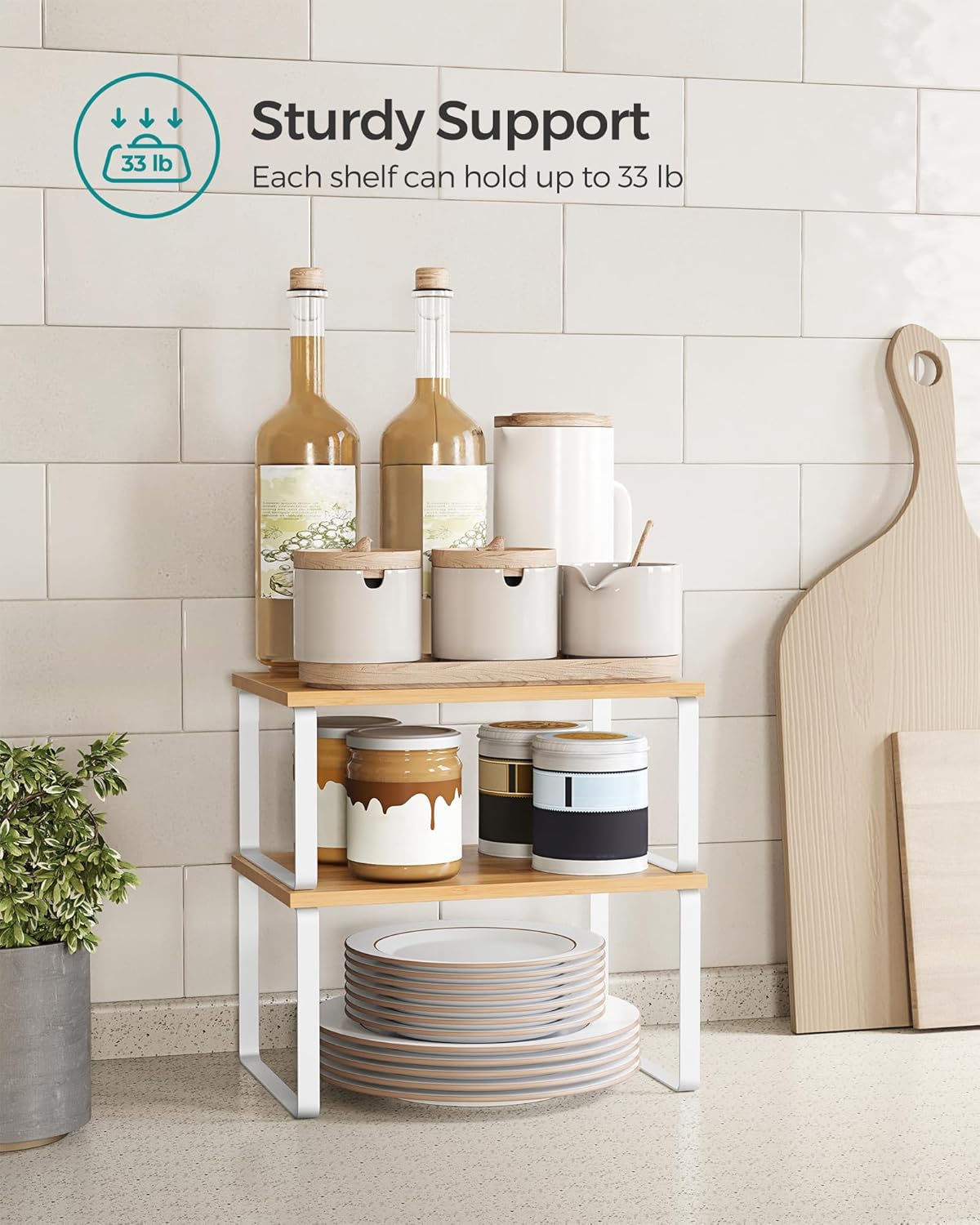 SONGMICS Cabinet Organizer Shelf, Set of 2 Kitchen Counter Shelves, Kitchen Storage, Spice Rack, Stackable, Expandable, Metal and Engineered Wood, Cloud White and Natural Beige UKCS02NW