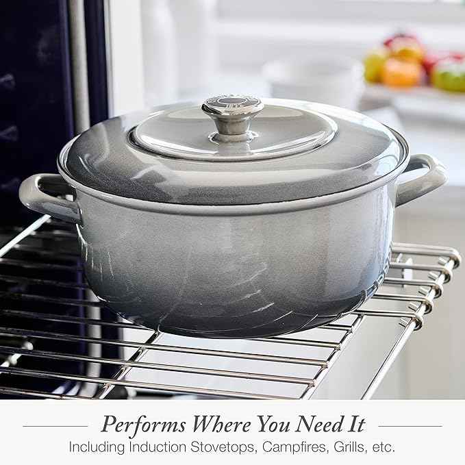 Merten & Storck 5.3QT Round Dutch Oven Casserole Pot with Lid, European Crafted Enameled Iron Stockpot, Induction & All Cooktops, Braising, Stews, Roasting, Slow Cooking, Sourdough, Cloud Gray