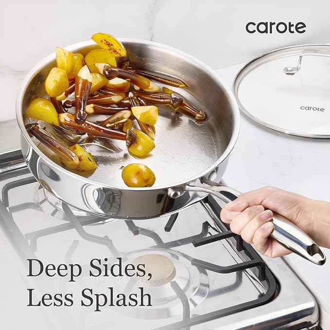 CAROTE 21pcs Tri-Ply Stainless Steel Cookware Set, Pots and Pans Set, Non Toxic Induction Kitchen Cooking Sets, Cookware Collection, Mirror Polish, Silver