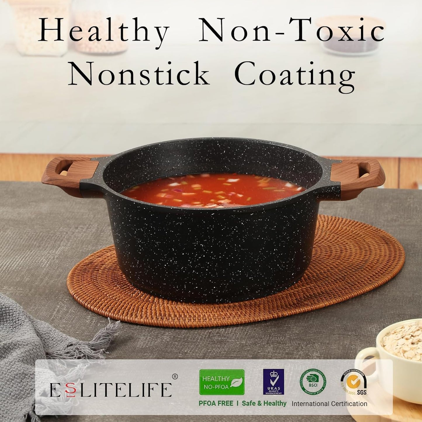 ESLITE LIFE Nonstick Cookware Sets, 9 Pcs Granite Coating Pots and Pans Set Kitchen Cooking Set, Compatible with All Stovetops (Gas, Electric & Induction), PFOA Free, Black