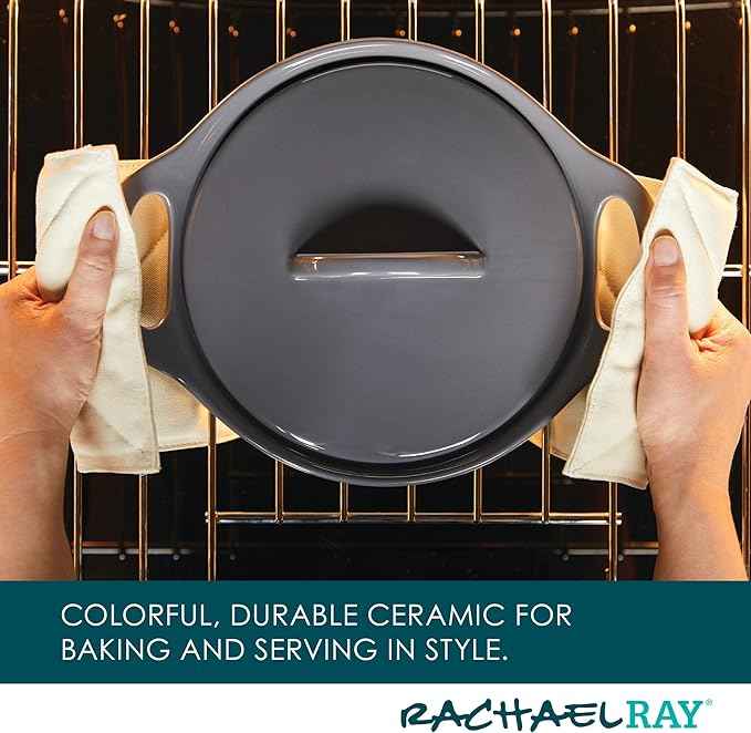 Rachael Ray Solid Glazed Ceramics Casserole Bakeware/Baker Set with Shared Lid, 3 Piece, Dark Gray