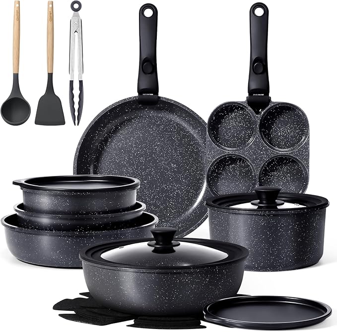 GiPP Ceramic Pots and Pans Set Non Stick, Nonstick Detachable Handle Cookware Sets, Healthy Non Toxic PFAS PFOA & PTFE Free, Dishwasher ＆Oven Safe, Induction Kitchen Pot and Pan, 21 Piece Grey