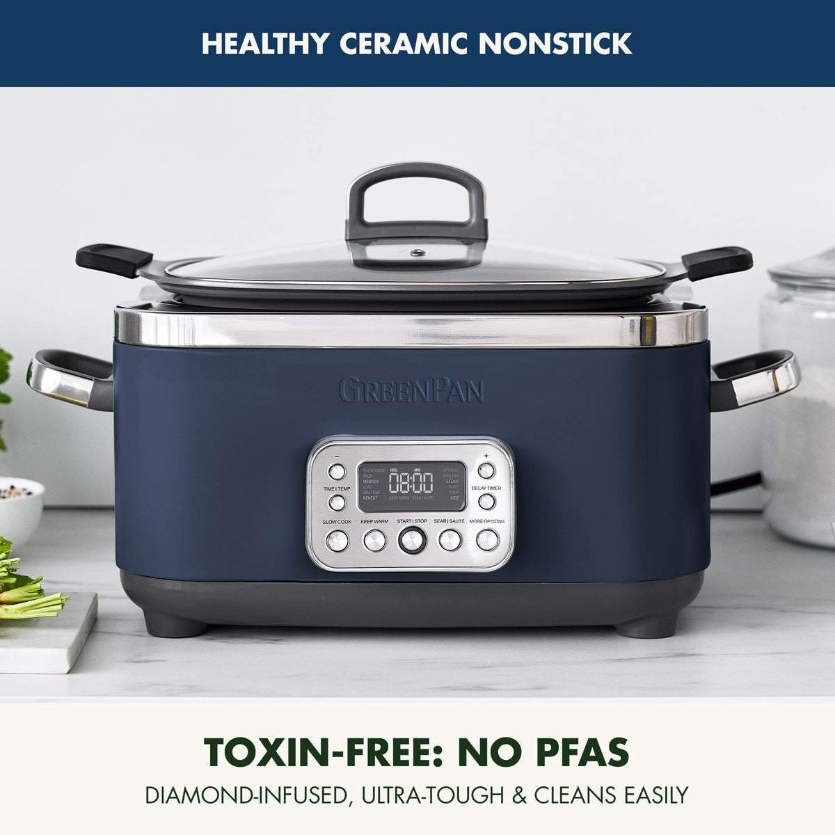 Elite 14-in-1 Nonstick 6QT Electric Slow Cooker, PFAS-Free Ceramic Multi-Cooker, In-Pot Browning, Dishwasher Safe Lid & Removable Crock, Stainless Steel Steamer, Silicone Handles, Oxford Blue (6 Quarts / Oxford Blue)