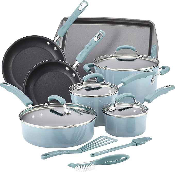 Rachael Ray Brights Nonstick Pots and Pans, Includes Crispy Sheet Baking Pan/Bakeware and Kitchen Cooking Tools, 14 Piece Cookware Set - Sky Blue