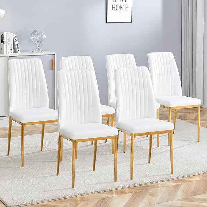 White Golden Dining Chairs Set - Modern PU Leather Armless Chairs with Metal Legs for Dinner Room, Office, Waiting Room (Set of 6)