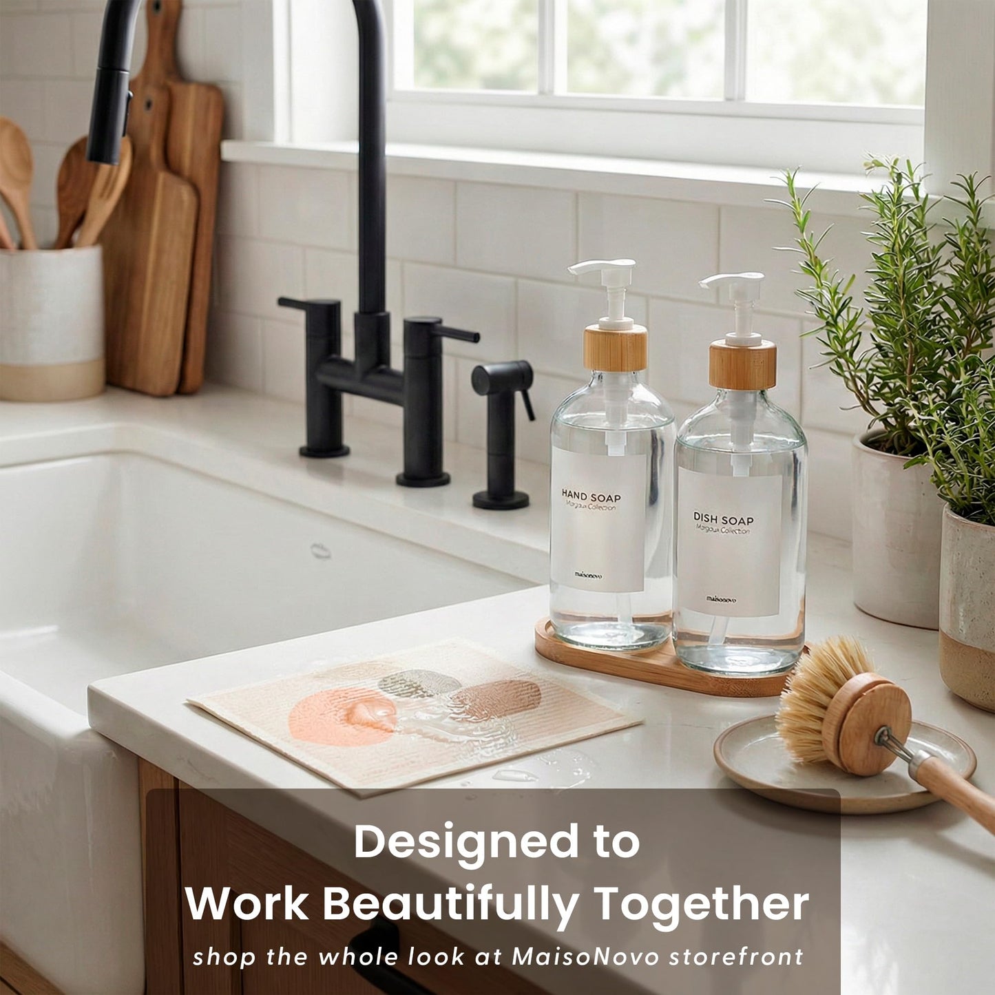 Dish Soap Dispenser Set (Clear Bottles White Bamboo Pumps)