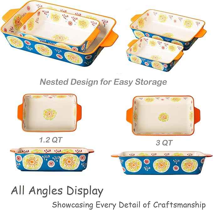 Ceramic Baking Dish Set, 2-Piece Stoneware Bakeware with Handles, 3QT & 1.2QT Casserole Dishes for Oven to Table, Microwave Dishwasher Safe, Lead-Free, Hand-Painted Bakeware -Ocean Blue