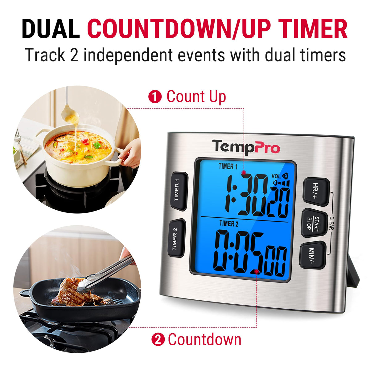 TM02 24H Kitchen Timer with Clock Mode & Dual Digital Timers