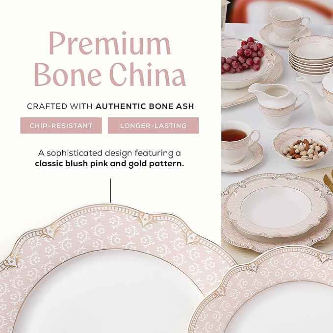 Joseph Sedgh Collection "Sandra" 57-Piece Bone China Dinnerware Set, Service for 8, Blush Pink and Gold