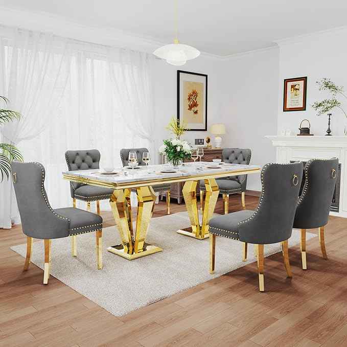 7 Piece Luxury Dining Room Set, Modern Dining Table and Upholstered Chairs Set, Marble Kitchen Table Set for 6, Big Kitchen Dinner Tables Kit with Silver Base