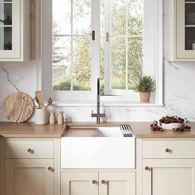 Ruvati 24 inch Fireclay Workstation White Farmhouse Kitchen Sink Apron Front Single Bowl - RVL2484WH