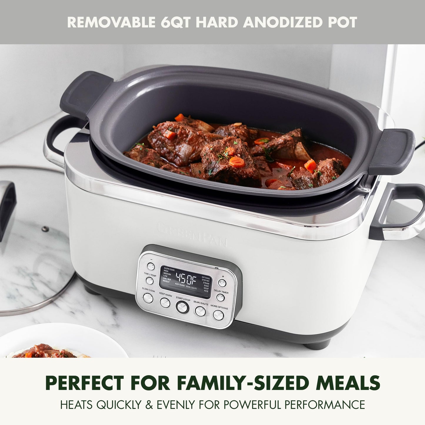 Elite 14-in-1 Nonstick 6QT Electric Slow Cooker, PFAS-Free Ceramic Multi-Cooker, In-Pot Browning, Dishwasher Safe Lid & Removable Crock, Stainless Steel Steamer, Silicone Handles, White (6 Quarts / Cream White)