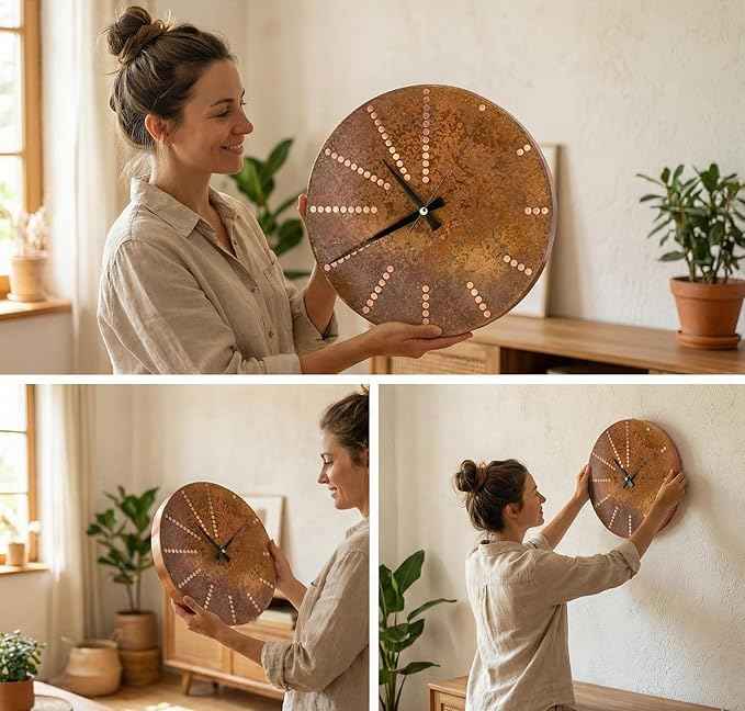 Handmade Pure Copper Wall Clock for Home Decoration, Decor Clock for Living Room, Bedroom and Kitchen, Rustic Decorative Mural Clock Art for Farmhouse (Time Dots, 17.7)