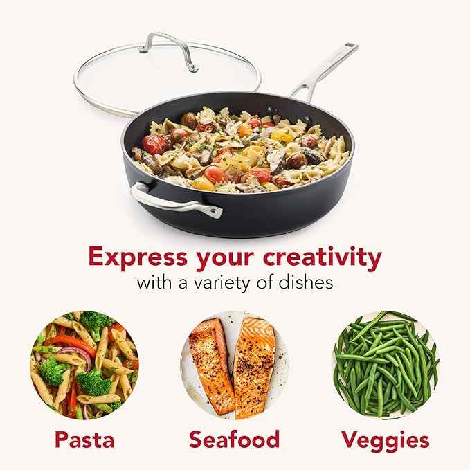 KitchenAid Hard Anodized Induction Nonstick Cookware Saute Pan/Jumbo Cooker with Lid and Helper Handle, Dishwasher Safe, 5 Quart Non Stick Sauteuse with Stainless Steel Handles - Matte Black