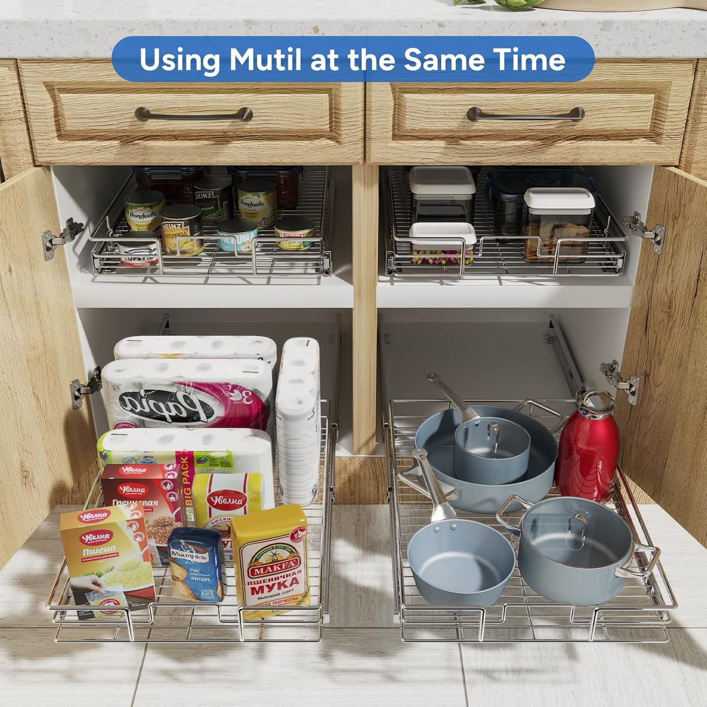 ROOMTEC Pull Out Cabinet Organizer, Cabinet Pull Out Shelves 14" W x 18" D, Heavy Duty Cabinet Drawers Slide Out Kitchen Cabinet Organizers Storage Shelf
