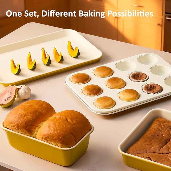 CAROTE 6-Piece Nonstick Ceramic Baking Pans Set - Bakeware Sets Including Cookie Sheets for Baking, Muffin Pan, Bread Pan, Cake pan, Loaf Pan, Cooling Rack, Mustard Yellow & Cream White