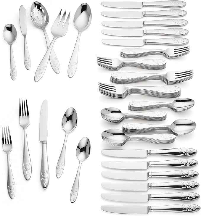 Lenox Silverware Set For 12, Butterfly Meadow 65-Piece Flatware Set, Service For 12, 18/10 Stainless Steel, Dishwasher Safe, Butterfly and Flower Motif, Includes Serving Utensils (Silver, 65 Piece)