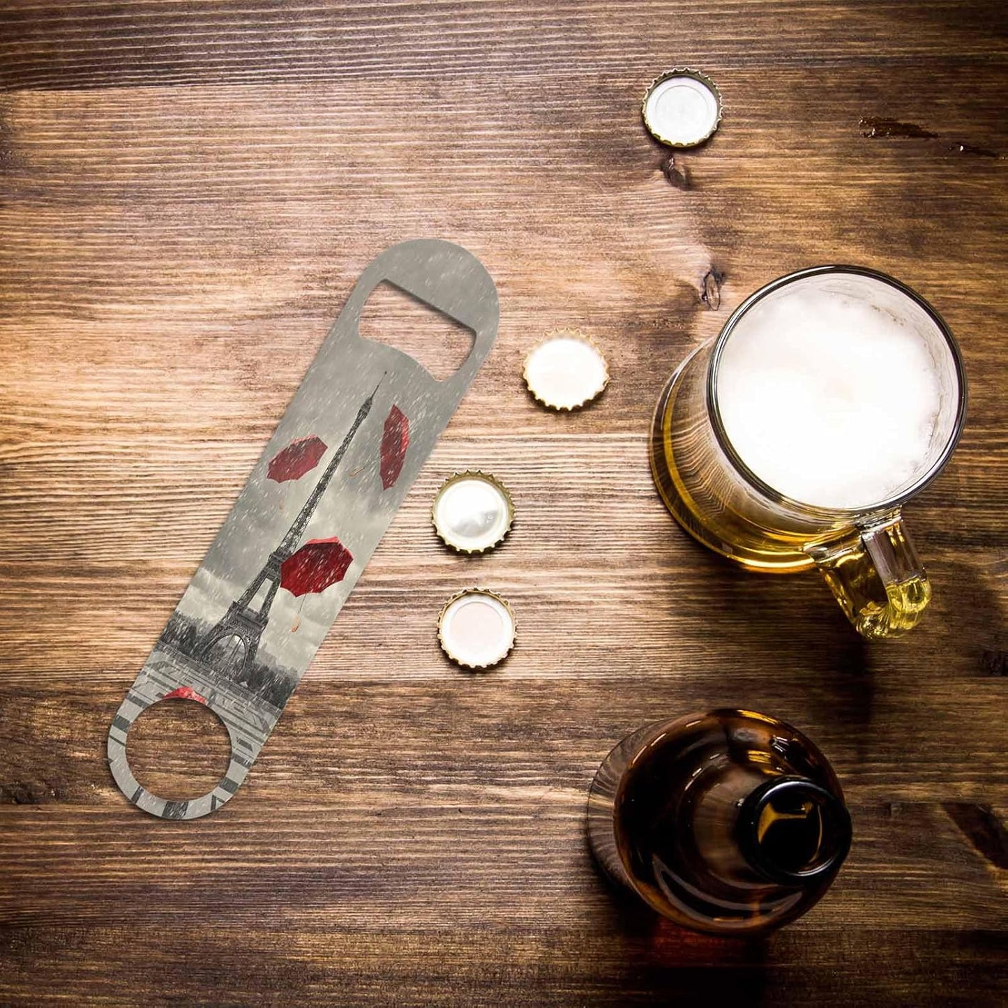 Eiffel Tower Stainless Steel Bottle Opener Raining Day Red Umbrella Black and White Street Romantic Scenic Flat Beer Bottle Opener Keychain for Home Kitchen Bar Restaurant Party Birthday Gift