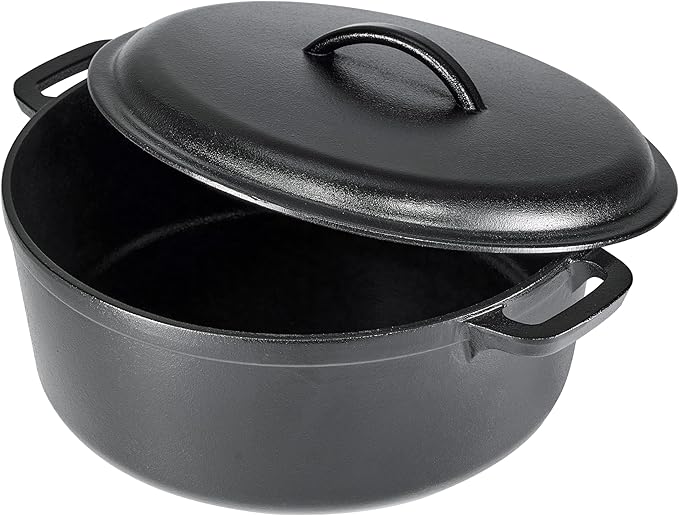 Amazon Basics Pre-Seasoned Cast Iron Dutch Oven Pot with Lid and Dual Handles, Oven Safe, Heavy-Duty, 7-Quart, Round, Black
