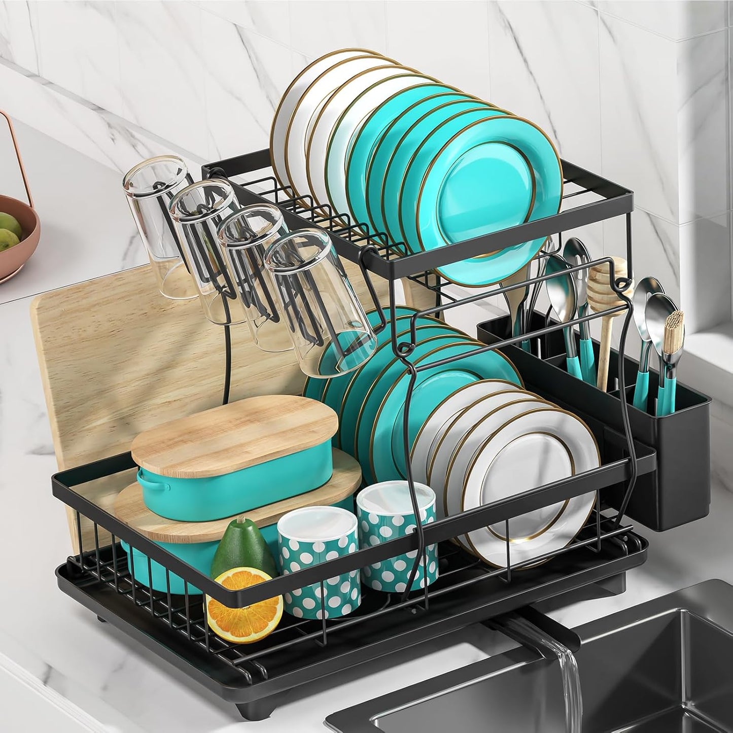 MERRYBOX Dish Drying Rack Large Capacity 2 Tier Dish Drying Rack Multifunctional Rustproof Dish Racks for Kitchen Counter with Large Utensil Holder, Cup Holder, Black