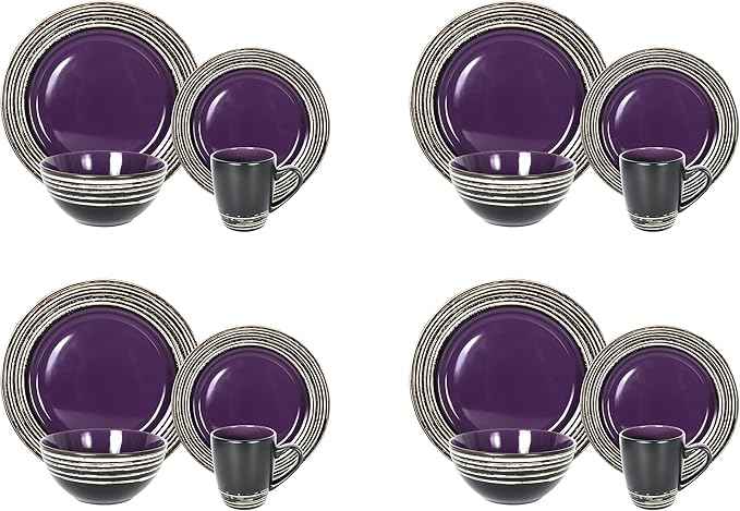 16 Piece Dinnerware Set, Ceramic Plates and Bowls Sets for 4, Microwave and Dishwasher Safe, Handcrafted Tree Bark Series Dish Set, Lavender/Purple