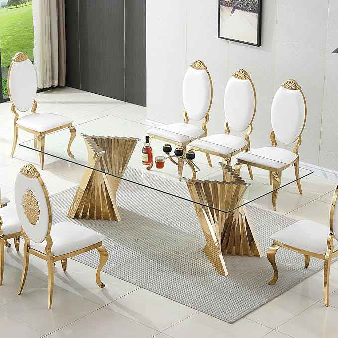 94" Modern Glass Gold Dining Table for 8-10, Luxury Kitchen Table with Tempered Glass Top & Mirror Finish Stainless Steel Base, Large Dinner Pedestal Tables for Home Banquet Hall Room, Only Table