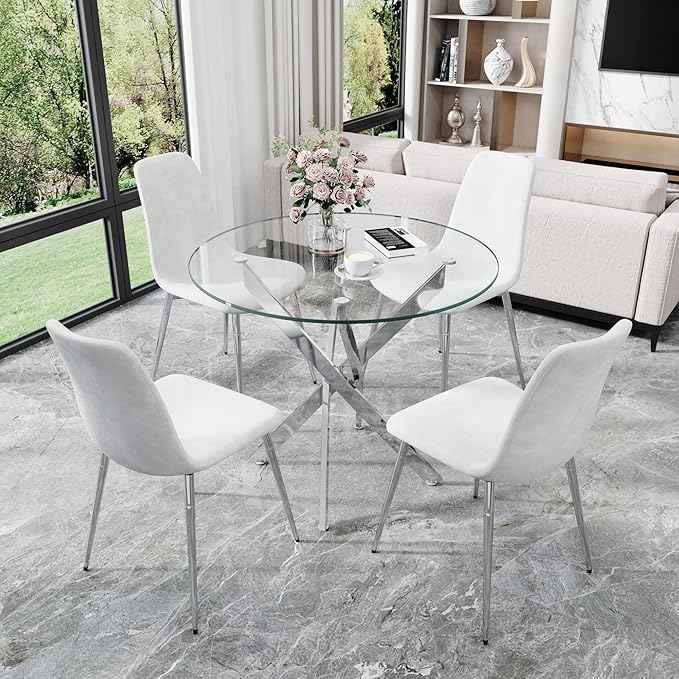 AF ARTISAN FURNITURE 36" Round Glass Dining Table Set for 4, 5-Piece Modern Kitchen Table with 4 White Velvet Chairs, Modern Circle Leisure Table for Home Office Dining Room Small Spaces (Silver Leg)