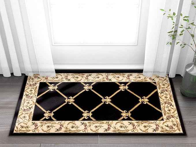 Well Woven Timeless Collection Fleur De Lis Black 2x4 Mat Luxurious Traditional French Aubusson Oriental Area Rug Perfect for Living Room Bedroom or Dining Room Easy-to-Clean Durable Design
