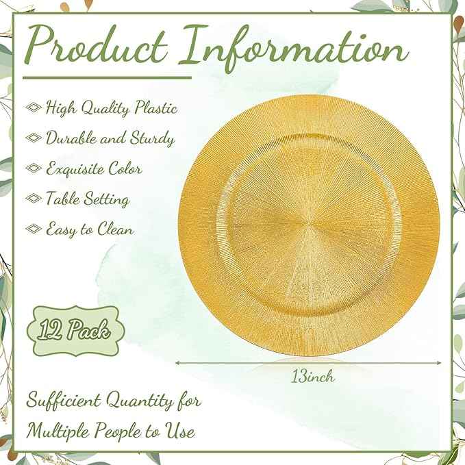 Tanlade 12 Pcs Charger Plates Bulk 13 Inch Plastic Round Wedding Chargers Floral Decorative Plates with Metallic Ruffled Rim for Wedding Party, Holiday Event Supplies(Gold)