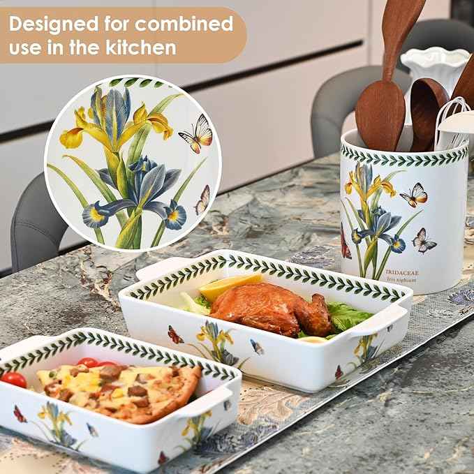 ACMLIFE Ceramic Casserole Dish Set, Ceramic Baking Dish for Oven, Casserole Dish Bakeware Set, Casserole Dishes for Oven, Lasagna Pan, Large Baking Dishes with Handles, Microwave, Dishwasher Safe, Gift Packaging Floral 2 Pcs Set(13"x8"+10.3"x6.3") (Iris)
