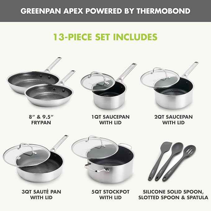 GreenPan Hybrid 13 Piece Nonstick Stainless Steel Cookware Set, APEX Tri-Ply Thermobond PFAS-Free Ceramic Pots & Pans, Induction & All Cooktop Compatible, Oven Temp to 850°F, Dishwasher Safe, Silver