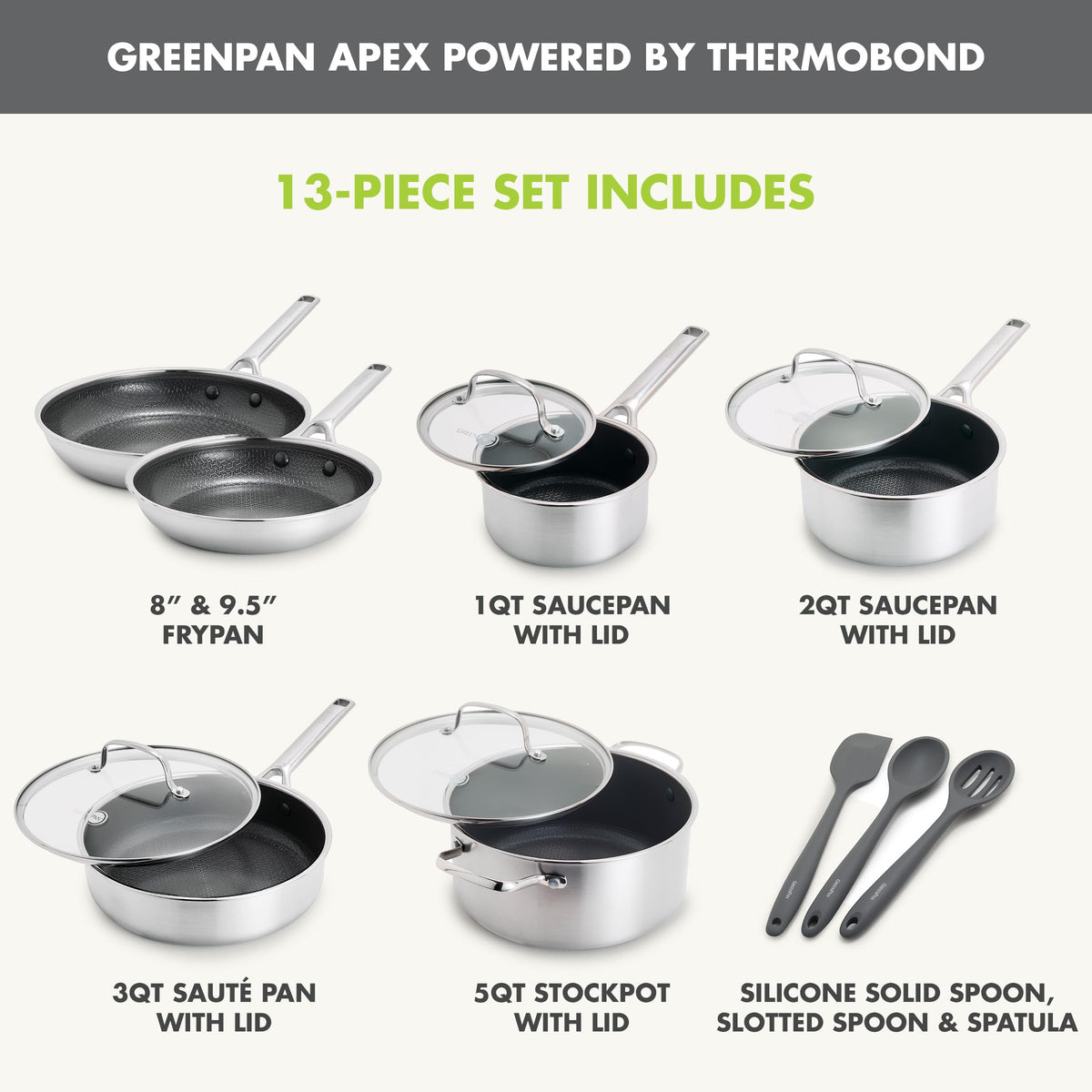 Hybrid APEX 13 Piece Stainless Steel Ceramic Nonstick Cookware Set (Silver)