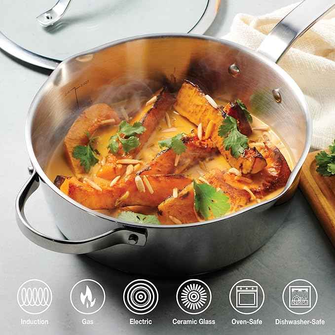Tramontina Tempo Tri-Ply Base Stainless Steel 3.5-Quart Saute Pan with Glass Lid, Induction-Ready Cooking Pan, Oven-Safe, Dishwasher-Safe
