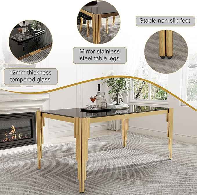 63'' Modern Glass Dining Table for 4-6 People,Black Tempered Glass Top Dining Room Table with Stainless Steel Base, Glass and Gold Dining Table for 6, Rectangle Dining Kitchen Table for Dinner