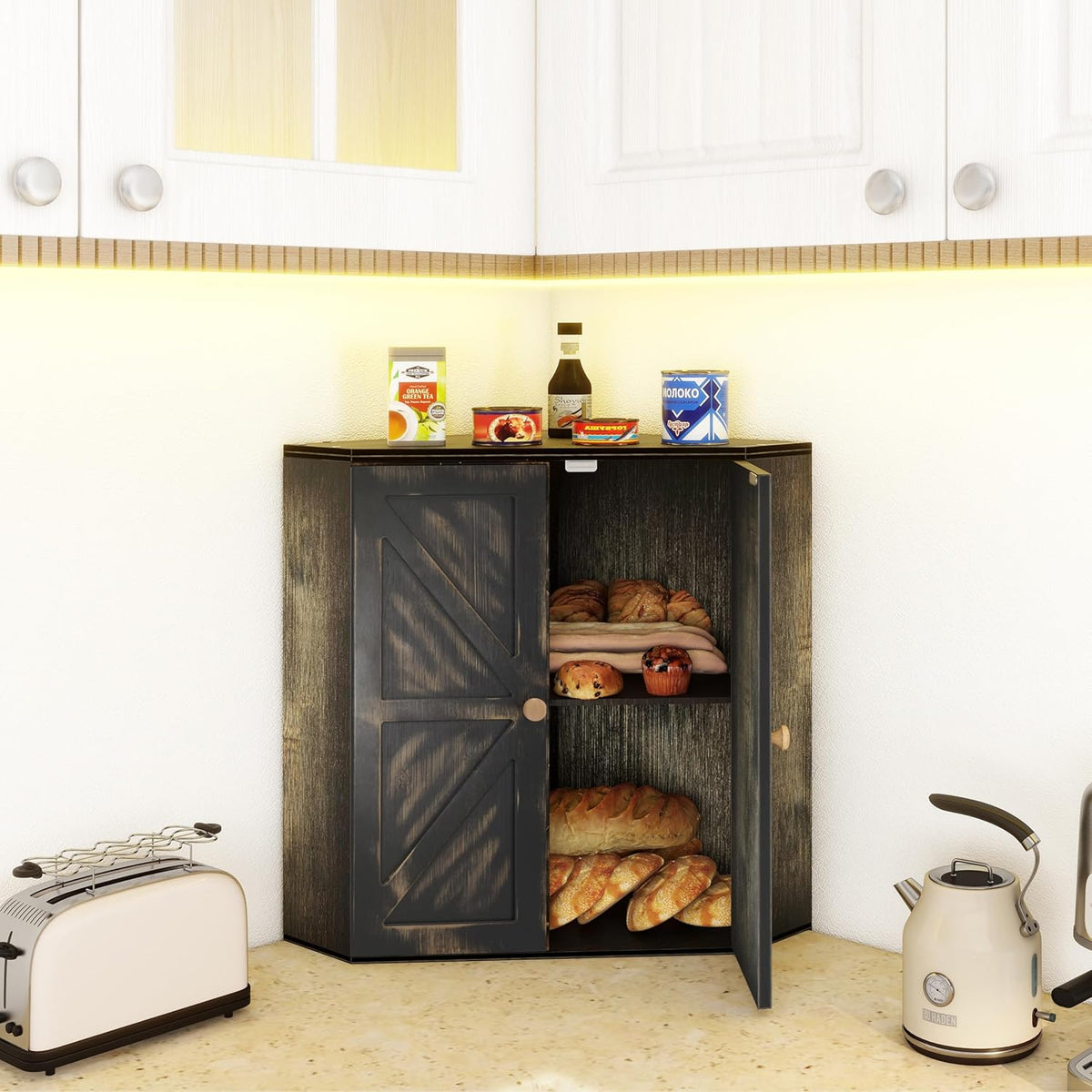 Corner Bread Box for Kitchen Counter Double Layer Bamboo Bread Storage Container Large Capacity Bread Storage Bin Farmhouse Breadbox Organizer (Antique Black)