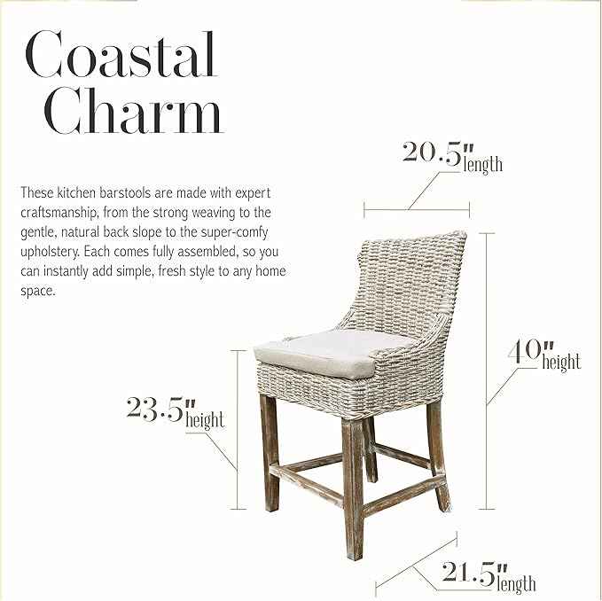 Alfresco Kuba-Weave Counter Stool, Wooden Stool, Kitchen Counter Stool, 23 Inch Seat Height, Off White