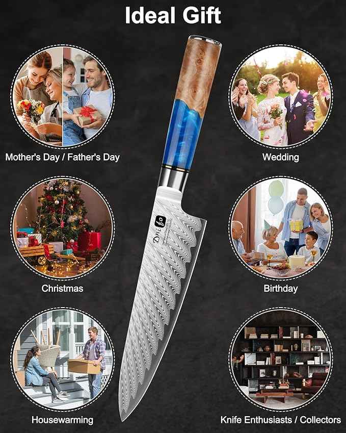 Damascus Chef Knife 8 Inch, Japanese Handcrafted Sharp Kitchen Knife with 67-Layer Damascus Steel & VG10 Core, Blue Resin & Natural Birch Wood Handle, Ideal Gift for You & Your Beloved