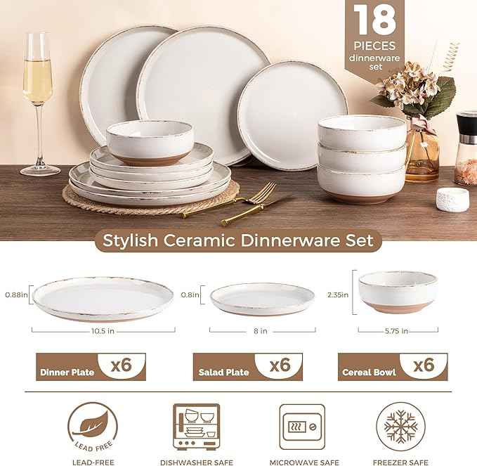 AmorArc 18 Pieces Ceramic Dinnerware Sets for 6, Handpainted Stoneware Plates and Bowls Set with Rustic Terracotta Underside, Scratch Resistant Dishes Set, Dishwasher & Microwave Safe