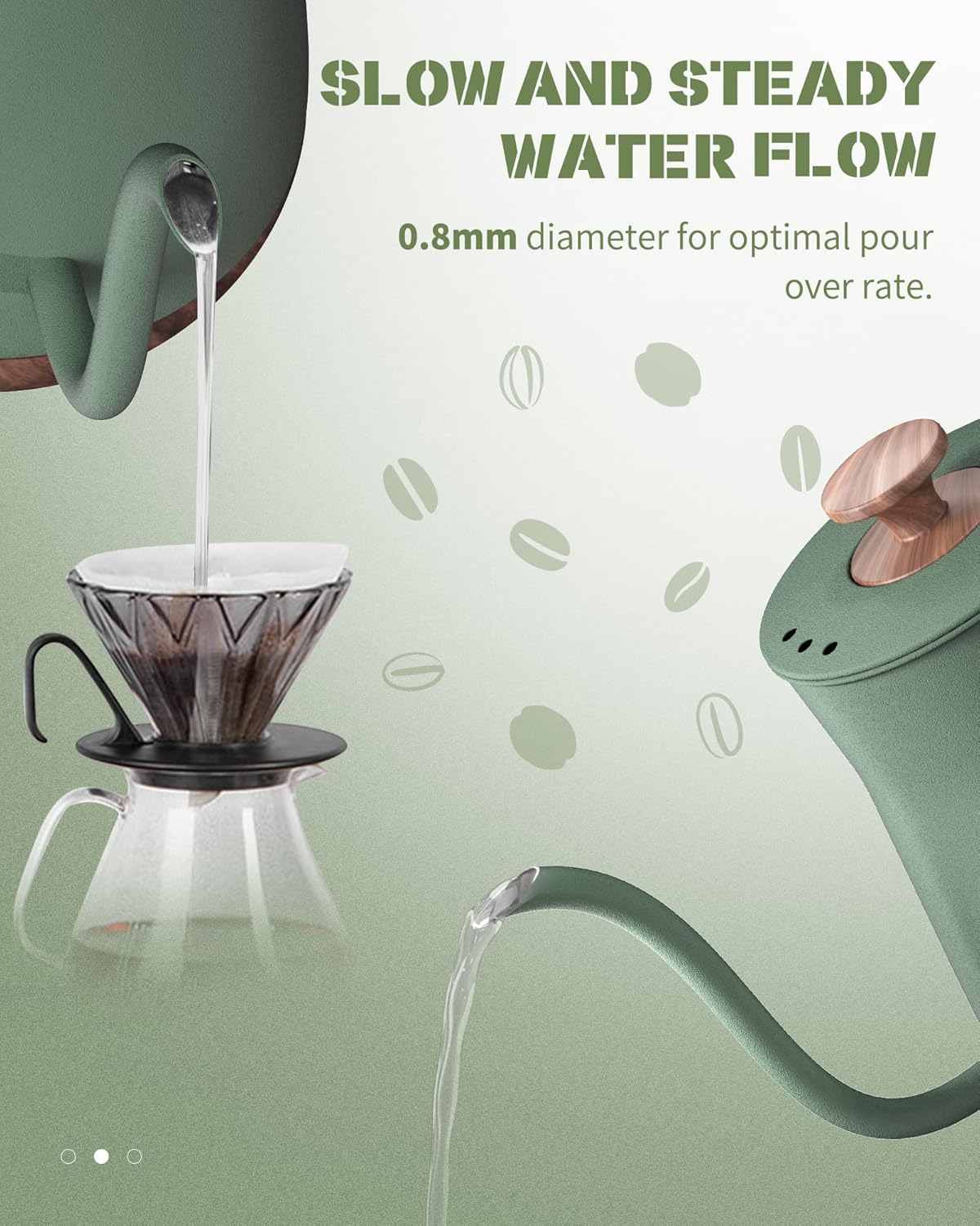 Gooseneck Electric Kettle, Electric Tea Kettle Stainless Steel, Pour over kettle for Coffee, 1000W Hot Water Kettle Electric Auto Shut Off, 0.8L, Wood-like Grain Finish Handle, Matcha Green