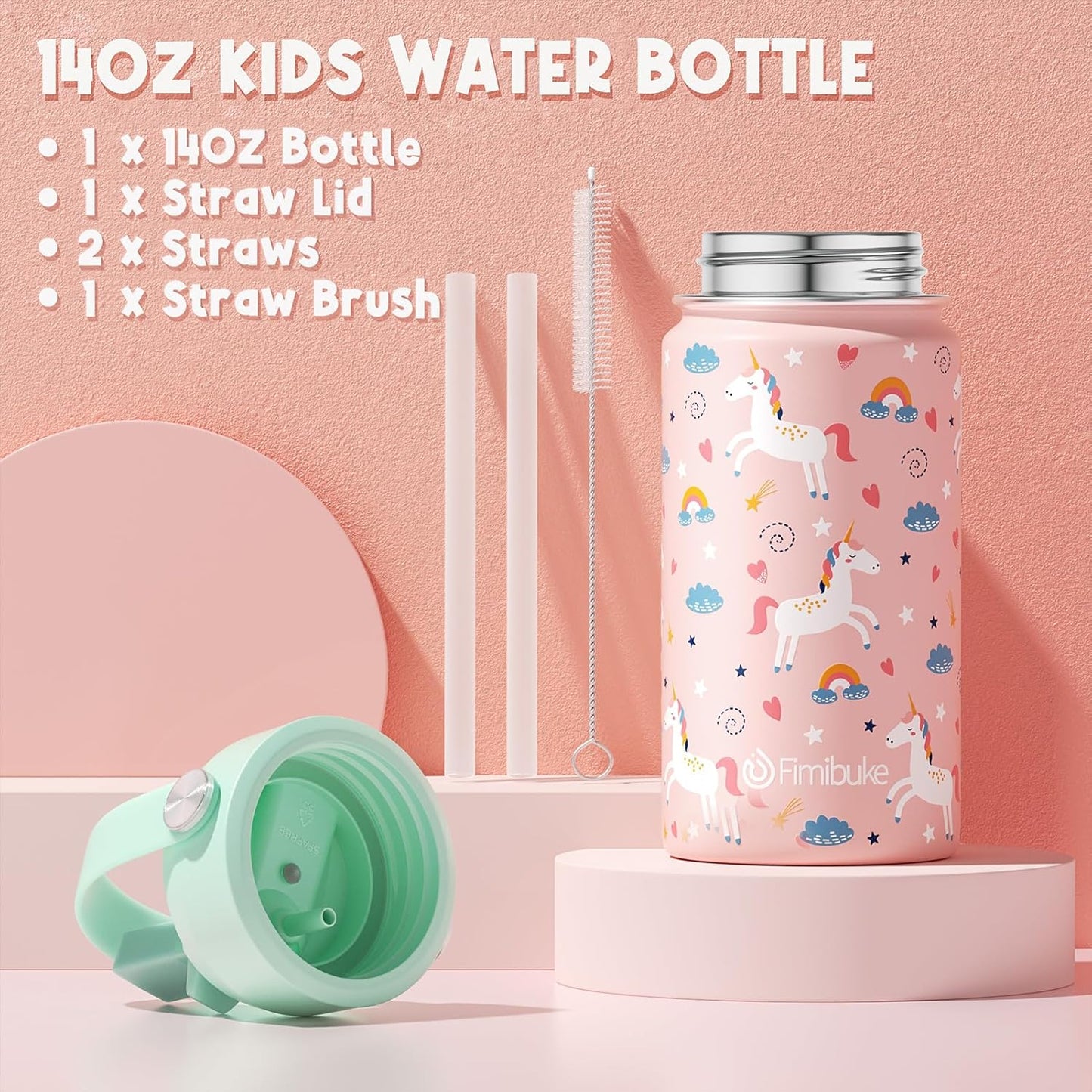 Fimibuke Kids Bento Lunch Box with 4 Compartments, Insulated lunch Bag, Stainless Steel Insulated Water Bottle, Ice Pack & Utensils Set, Birthday Gifts for Ages 3-12 Back to School Toddler Girls Boys