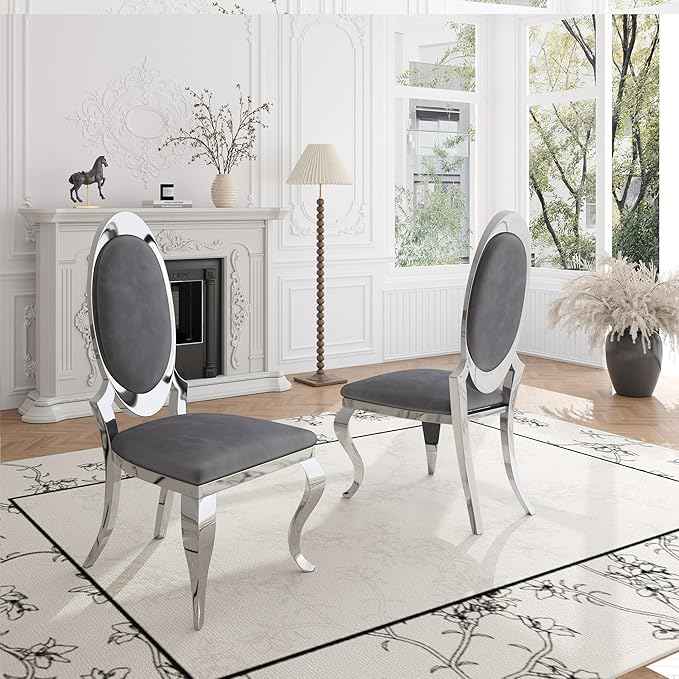 Modern Dining Chairs Set of 4, Luxury Velvet Upholstered Armless Dining Room Chair with Mirrored Stainless Steel Silver Legs, Mid Century Accent for Wedding Party Banquet Reception, Grey