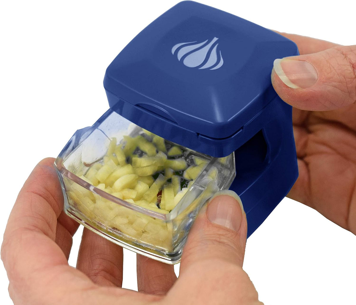 Garlic-A-Peel Garlic Press, Crusher, Cutter, Mincer, and Storage Container - Includes Silicone Garlic Peeler - Easy to Clean - Stainless Steel Blades – (Blue), standard - HomeSpice