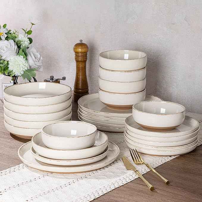 AmorArc Dinnerware Sets with Pasta Bowls for 6, Handpainted Stoneware Plates and Bowls Set with Rustic Terracotta Underside, Scratch Resistant Dishes Set, Dishwasher & Microwave Safe, 24 Pcs