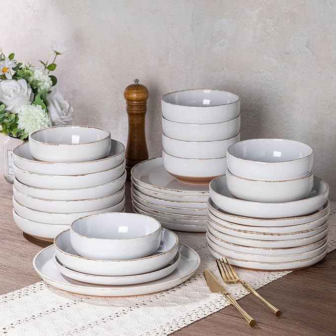 AmorArc Ceramic Dinnerware Sets with Pasta Bowls for 4, Handpainted Plates and Bowls Set with Rustic Terracotta Underside, Scratch Resistant Dishes Set, Dishwasher & Microwave Safe, 16 Pcs-White