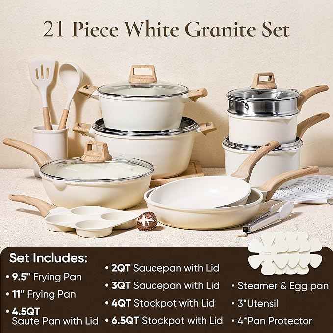 CAROTE 21Pcs Pots and Pans Set, Nonstick Cookware Sets, White Granite Induction Cookware Non Stick Cooking Set w/Frying Pans & Saucepans(PFOS, PFOA Free)