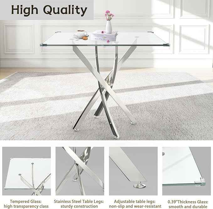 36" Square Glass Dining Table Set for 4, 5-Piece Modern Kitchen Table with 4 Blue Scoop-Shape Velvet Chairs, Modern Circle Leisure Table for Home Office Dining Room Small Spaces (Silver Leg)