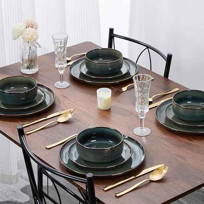 E-far Dinnerware Sets for 6, 18-Piece Stoneware Plates and Bowls Set, Ceramic Dishes Reactive Glaze Dinning Ware, Microwave & Dishwasher Safe - Obsidian Green